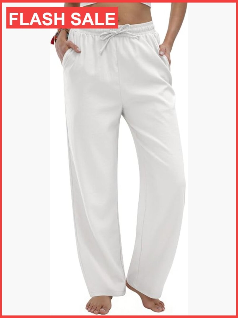 Linen High Waist Drawstring Wide Leg Boho Pants - Lightweight Breathable Casual